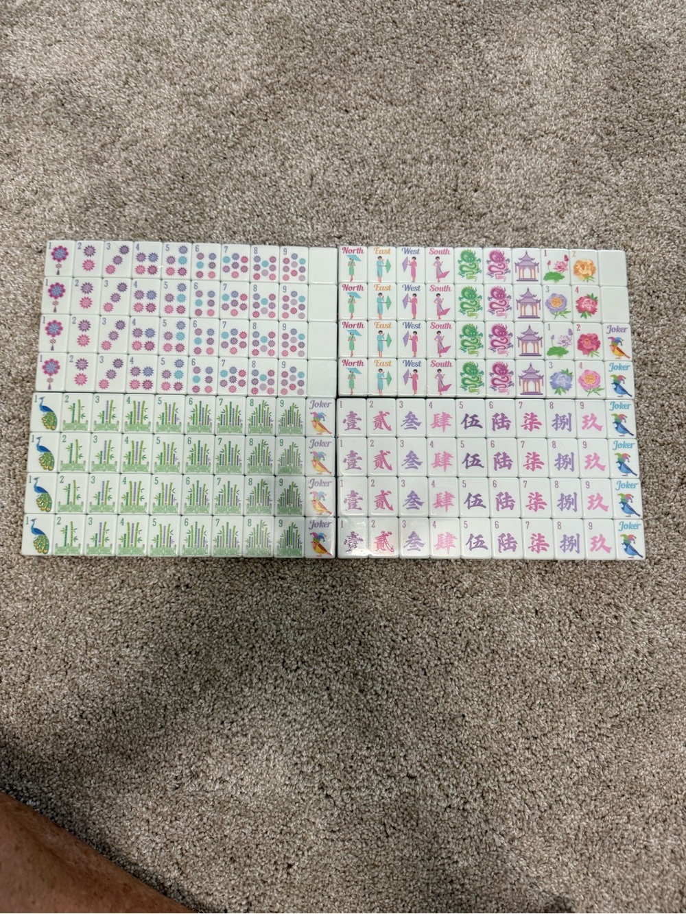 Classic Mahjong Tile Set - White with Pink, Green, Blue purple Accents